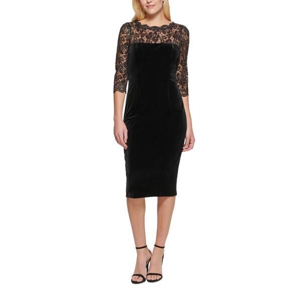 Eliza J Velvet and Lace Midi Sheath Cocktail Dress Size 6 Black 3/4 Long Sleeve - Picture 11 of 13